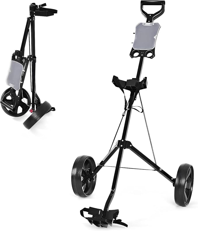 GYMAX Golf Cart, 2 Wheel Golf Push Cart with 9.5” Wear-Resistant Rubber Wheels, Elastic Strap & Scoreboard, Folding Lightweight Portable Golf Caddy Cart for Teens Adults