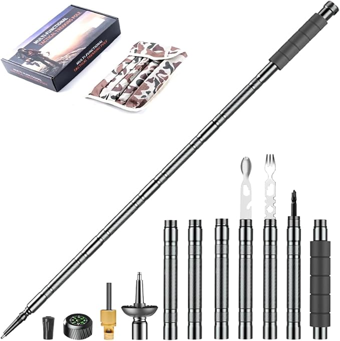 Trekking Pole Tactical Walking Stick, Multifunctional Lightweight Aircraft Aluminum Collapsible Survival Hiking Pole with Storage Bag for Women Men Seniors Camping Backpacking