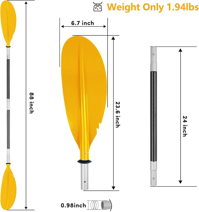 Kayak Paddle,88in 4 Pieces Boat Oars Kayak Paddles,Heavy Duty Aluminum Alloy Shaft Float Lightweight Detachable Adjustable Fishing Kayak Paddle for Adults with Paddle Leash(8 Color ，1Pack,2Pack)