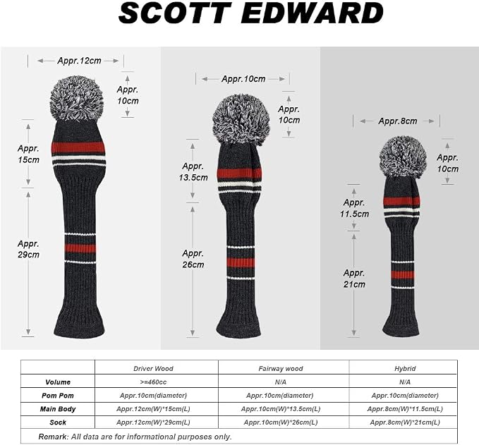 Scott Edward Golf Club Head Covers Set of 4, Acrylic Yarn Double-Layers Knitted, with Rotatable Number Tags