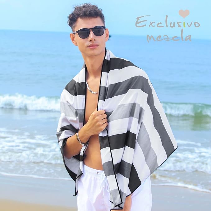 Exclusivo Mezcla Microfiber Quick Dry Beach Towel, Large Lightweight Sandfree Pool Towel for Swimming Camping Travel with Bag (Stripe Black, 30x60 Inches)