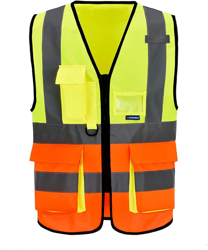 A-SAFETY yellow orange High Visibility Construction Safety Vest with Pockets zipper, Orange&Yellow Color Mixed, XXXL