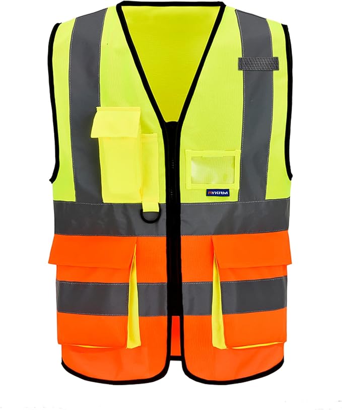 Yellow&Orange Color Mixed High Visibility Safety Vest with 7 Pockets with Reflective Strips and Zipper, X-Small
