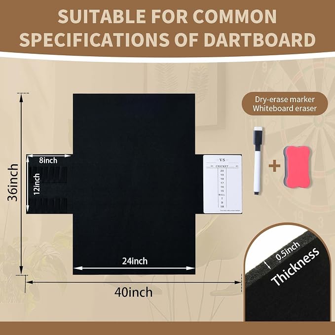 Dart Board Wall Protectors Multi-Functional Set with Scoreboard,Scoring Marker&Dart Holder Bag One-Piece Felt Panel Design Easy to Install,Safe Protection 35.4"x23.6"x0.5" Black Felt Dartboard