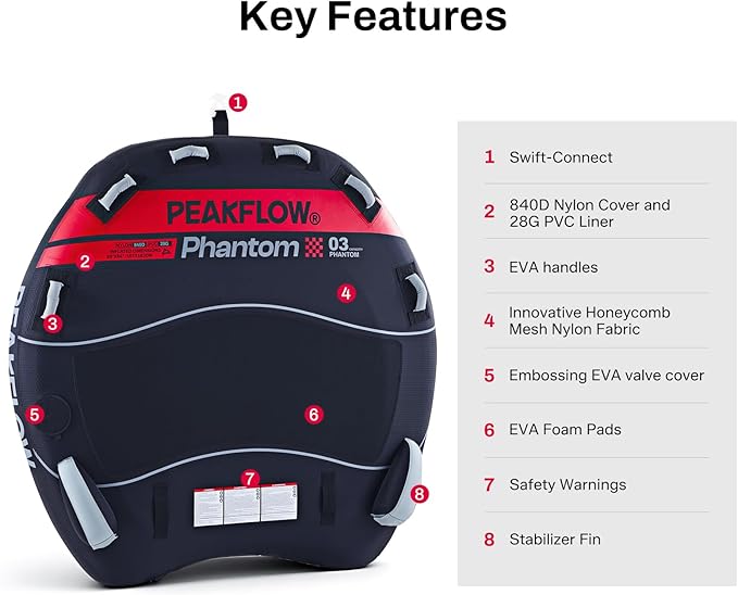 PEAKFLOW Towable Tube,Boat Tube,1-3 Person,Tubes for Boating,PVC Liner and Full Nylon Cover,Lake & Ocean Fun