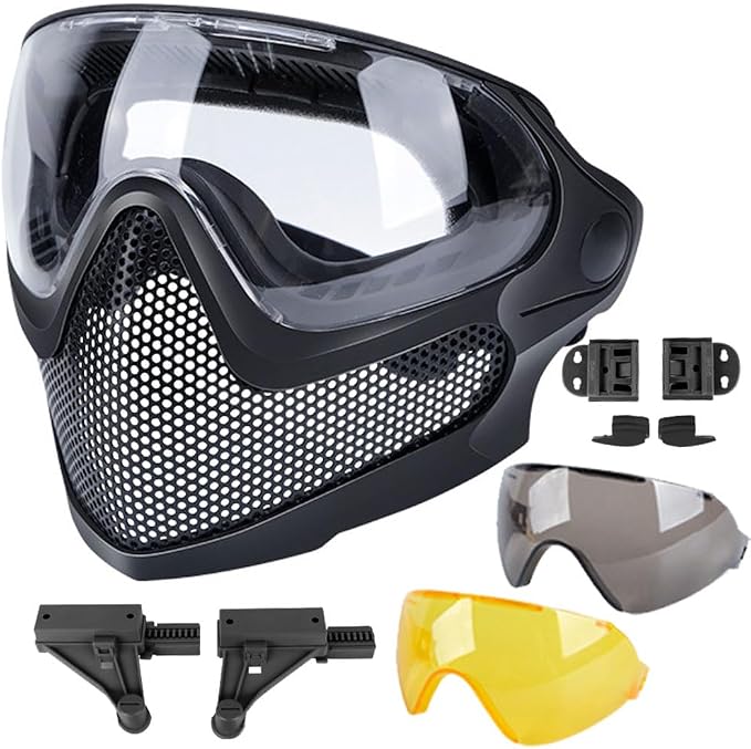 ATAIRSOFT 2 Modes Airsoft Mask Full Face Tactical Safety Protective Mask Anti-Fog Goggles Set with 3 Interchangable Lens