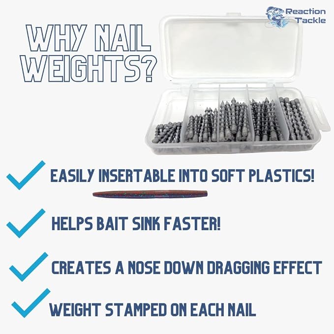 Reaction Tackle Nail Weights for Bass Fishing - Insert Pencil Sinkers for Wacky Rig, Neko Rig and Soft Plastic Lures - Freshwater and Saltwater - 25-Pack