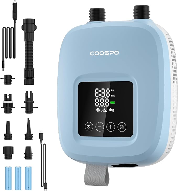 CooSpo Electric SUP Air Pump, 20PSI High Pressure Electric Inflator, 59.2/44.4 Wh Rechargeable Battery Powered, Low Noise, Digital Display Auto Stop, Dual Mode Inflation for Kayaks, Paddle Boards
