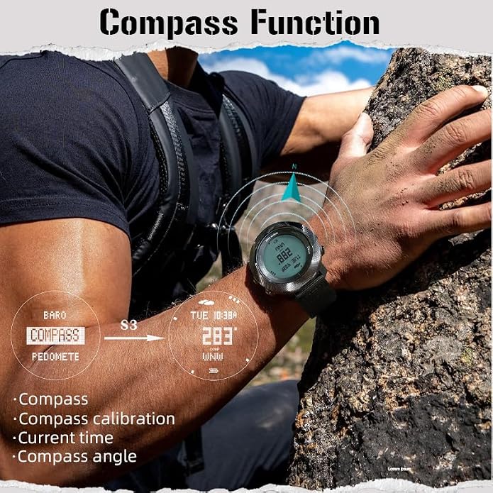 NORTH EDGE Apache-D Freediving Watch for Men, 100M Water Resistant Digital Outdoor Watch with 50M Dive Mode, Compass, Altimeter, Barometer, Thermometer, Pedometer, Rechargeable Hiking Watch