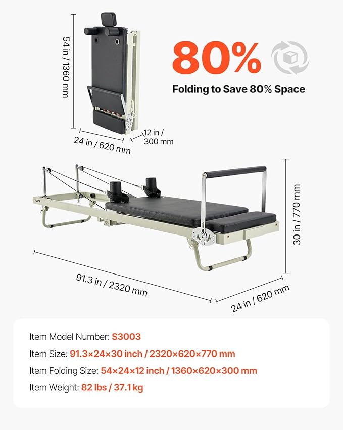 VEVOR Pilates Reformer Foldable, Suitable for Intermediate and Beginners Users, Pilates Equipment for Home Gym Studio Use with 4 Adjustable Resistance Spring, Up to 400 LBS