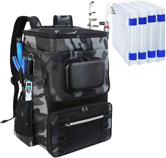 Fishing Backpack with Rod Holder, Large 50L Tackle Bag Water Resistant Tackle Backpack Heavy Duty Fishing Bag Gift for Men Woman
