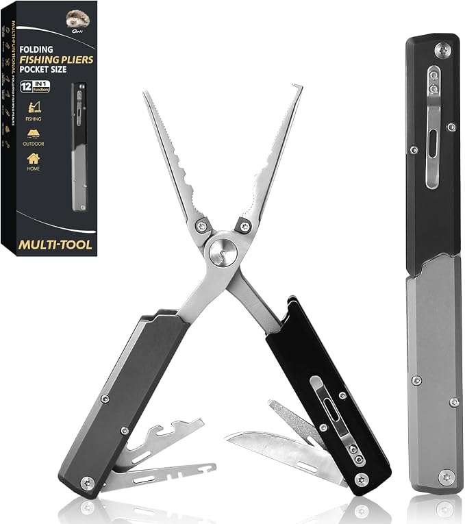 12-in-1 Folding Fishing Pliers, Compact Saltwater Fishing Tool with Braid Cutter, Hook Remover, Split Ring Opener, Stainless Steel Fishing Gear Gift for Men