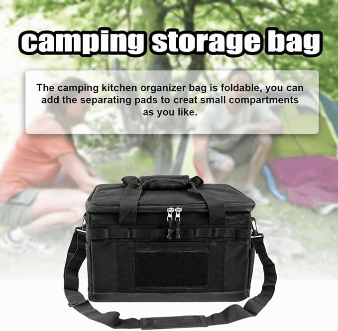 Backpack with Cookware Organizer – Durable Oxford Cloth, Adjustable Shoulder Strap for Camping, Travel, and BBQ, Foldable with Mesh Pockets(Black)