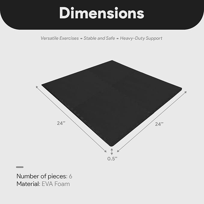 BalanceFrom Puzzle Exercise Mat 1/2" Thick, EVA Interlocking Foam Floor Tiles for Home Gym, Mat for Home Workout Equipment, Floor Padding for Kids, Black, 24 in x 24 in x 1/2 in, 24 Sq Ft - 6 Tiles