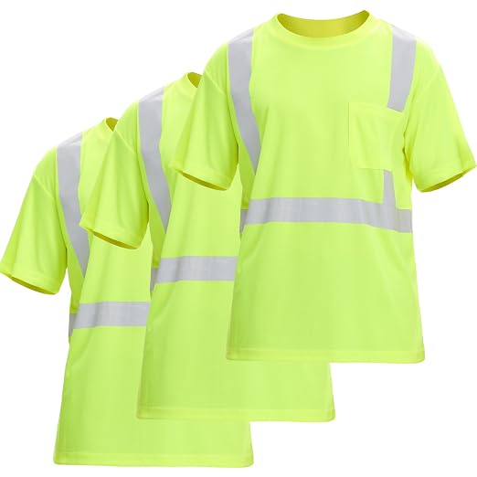 sesafety 3-Pack Men's High Visibility Safety T-Shirt, ANSI Class 2 Compliant, Birdseye Mesh Work Shirt with Pocket, Yellow