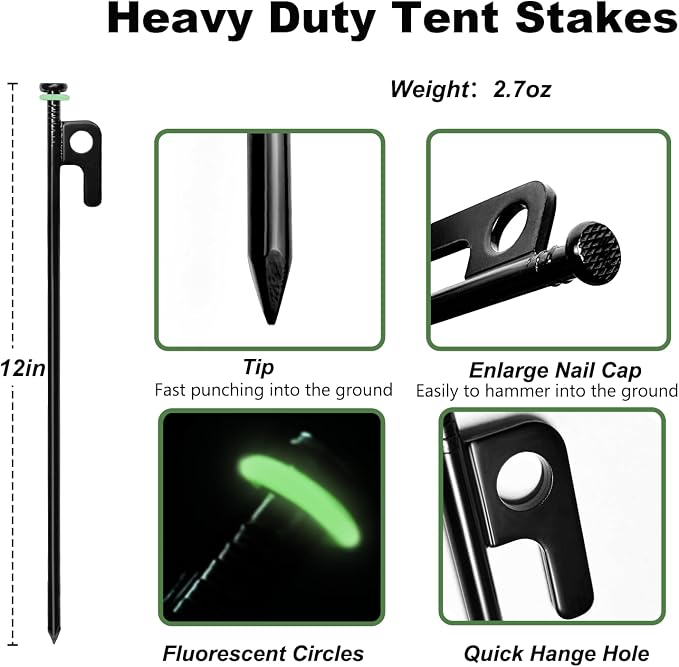 16Pcs 12in Tent Stakes, Heavy Duty Tent Stakes with Storage Pouch, Forged Steel Metal Stake for Tent Used on Rocky Place, Grassland, Dessert(16Pcs, 12in, Diameter 1/4")