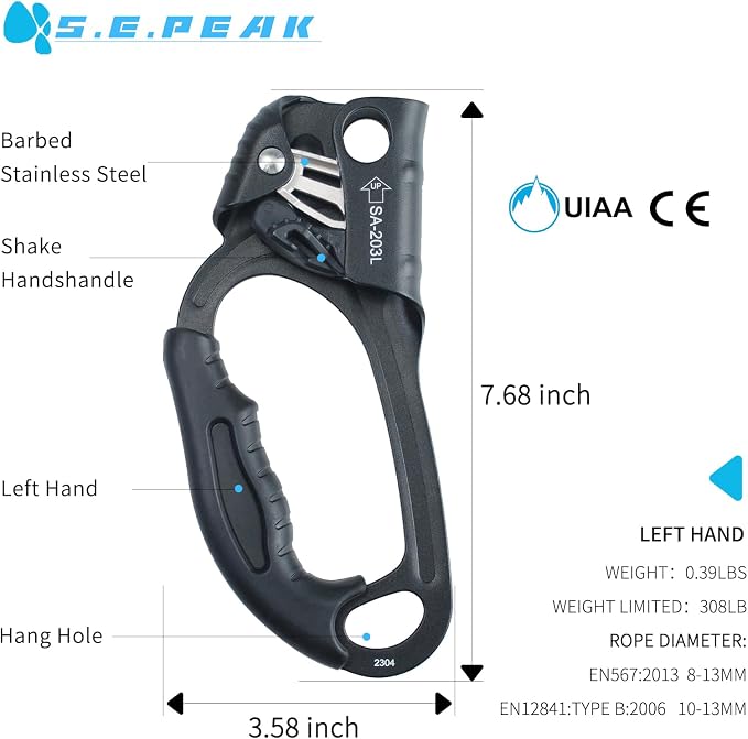 UIAA & CE Certified Climbing Rappelling Equip Hand Ascender Left Right Hand for 8-13mm Rope 4kN