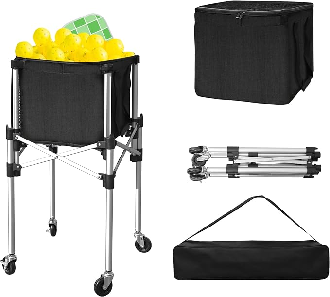Retractable Pickleball Hopper - Foldable Tennis Ball Basket Ball Candy Upgraded Pickleball Caddy Practice Equipment with Wheels for Training/Teaching