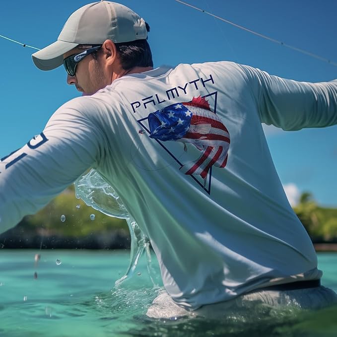 Palmyth Fishing Shirts for Men Long Sleeve UPF 50+ T Shirt Sun Protection | Quick Dry, Sun Protection, Myth-Cool Fabric, Fish Print, Moisture Wicking, Stretchy, Breathable, Fishing,Boating,Outdoor Wear