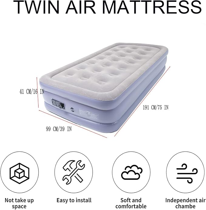 Onirii Twin Air Mattress Bed with Built in Pump | 16 Inches High Airbed Inflatable Mattress,Comfort Thickened Blow Up Air Bed,Travel Sleeping Pad for Guests Home (Twin Size)