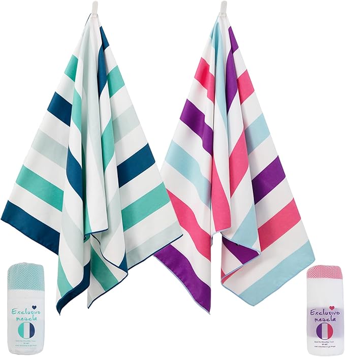 Exclusivo Mezcla 2 Pack Microfiber Quick Dry Beach Towels, Oversized Lightweight Sandfree Pool Towels for Swimming Camping Travel with Bagn (Green and Purple, 35x70 Inches)