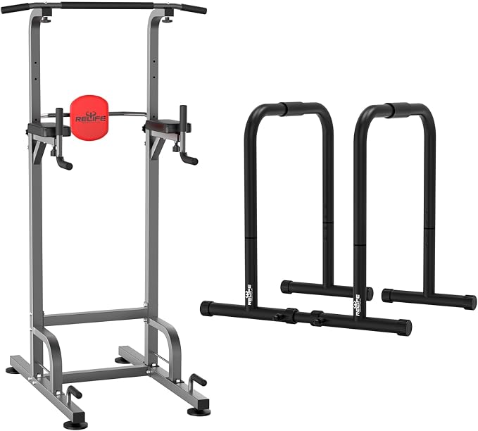 RELIFE Power Tower Pull Up Bar Station Workout Dip Station for Home Gym Strength Training Fitness Equipment,400LBS