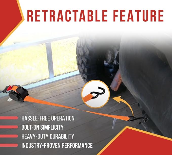 Mytee Products 8 Pack 1''x10' Bolt on Orange Retractable Ratchet Straps for Cargo - Coated S Hook Auto Retract Ratchet Straps - Self Ratcheting Strap for Boat Tie Down to Trailer & Jet Ski, ATVs