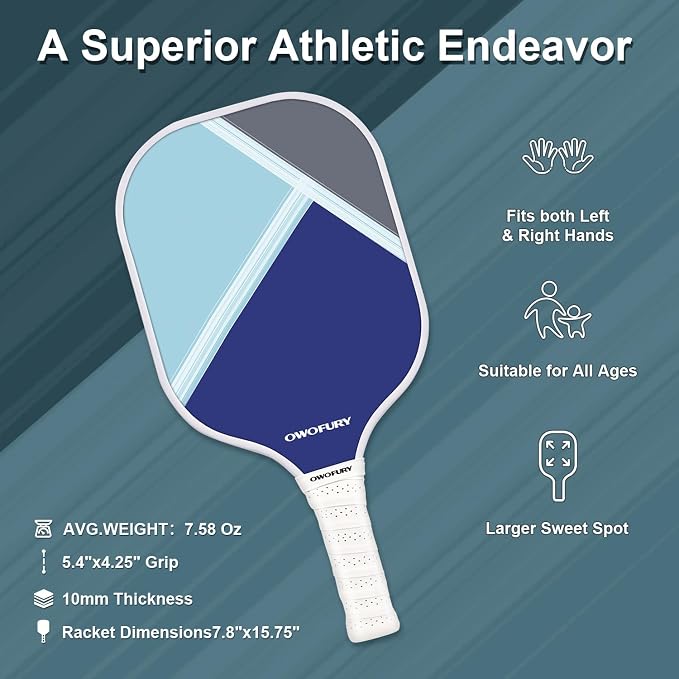 Fiberglass Pickleball Paddles Set of 2, Pickle Ball Racket Lightweight Honeycomb Core Control Paddle, with 4 Indoor Outdoor Balls and Bag for Men Women