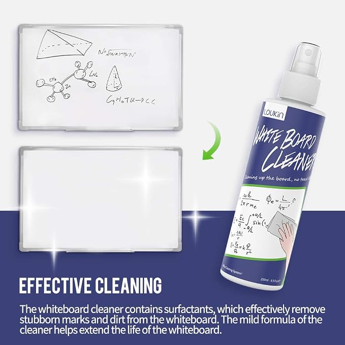 loukin Non-Toxic Whiteboard Cleaner, 8.5 fl oz Dry Erase Board Cleaner, Whiteboard Cleaning Spray with Cloth, Removes Stubborn Marks from Whiteboards