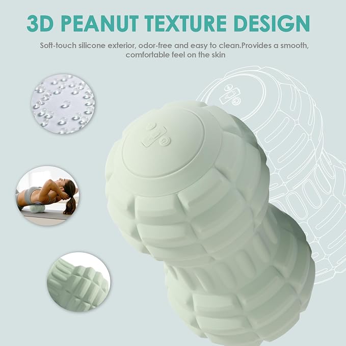 Silicone Vibrating Peanut Massage Ball Roller, Water Resistant Electric Double Lacrosse Massage Ball with 4 Intensities for Muscle Tightness, Deep Tissue Massager for Foot, Back, Hip (Green)