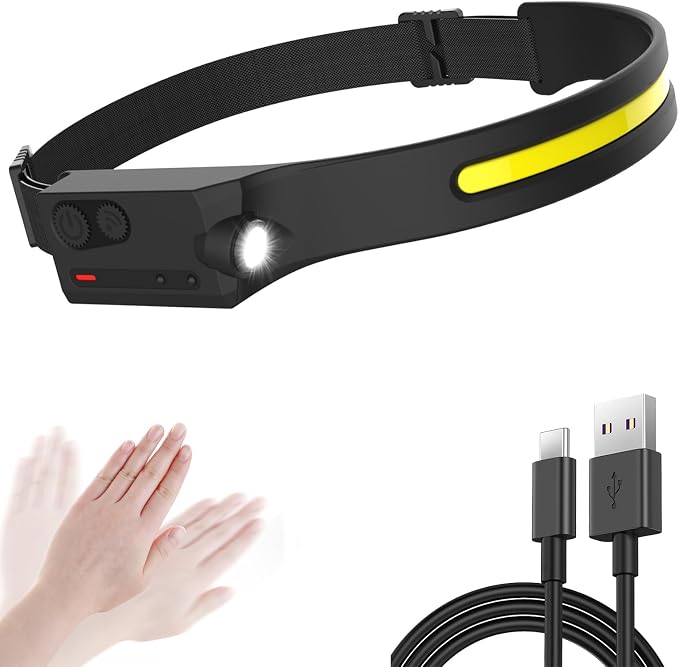 LED Headlamp Rechargeable with Motion Sensor USB Head Lamp Band with 230°Beam 5 Modes 350 Lumen Headlight Ultra Bright Head light Flashlight for Adults & Kids Outdoor Camping Hiking Running Travel