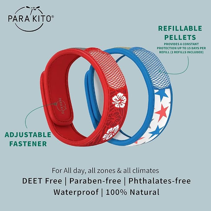 PARA'KITO Mosquito Repellent Bracelets + Refill Pellets Bundle, Mosquito Bracelets, Peppermint Oil, DEET Free Mosquito Repeller, Hiking Accessories, 2 Wristbands & 2 Refills (Hawaii + Stars)