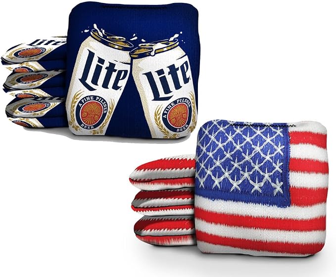 Slick Woody's Official Brand Beer + American Flag Cornhole Bags – Resin-Filled Tournament Performance with Dual Sided Professional Use Fabric- Set of 8