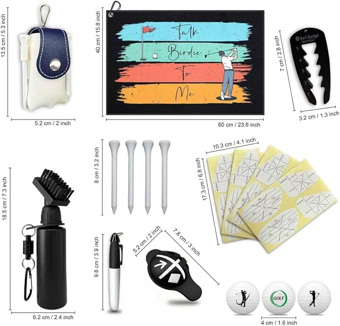 Golf Essentials Accessories Set for Men – Golf Towel, Golf Impact Stickers, Ball Marker with Pen, Cleaning Brush, Golf Balls & Tee Holder, Tee Alignment Tool – Thoughtful Golf Gift Set