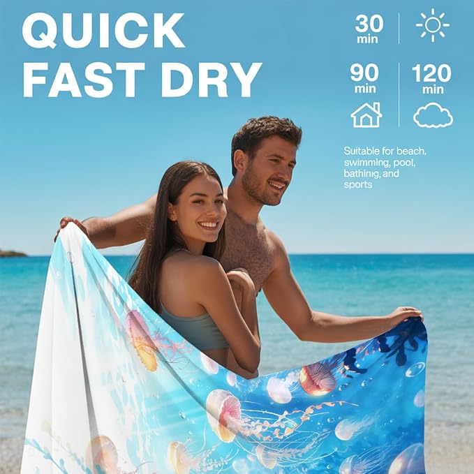 2 Pcs Microfiber Beach Towel Sand Free Quick Dry Oversized Lightweight Absorbent Jellyfish Underwater Life Pattern Blue Pink Orange Pool Towels for Adults Travel Swim 71 x 32 Inches