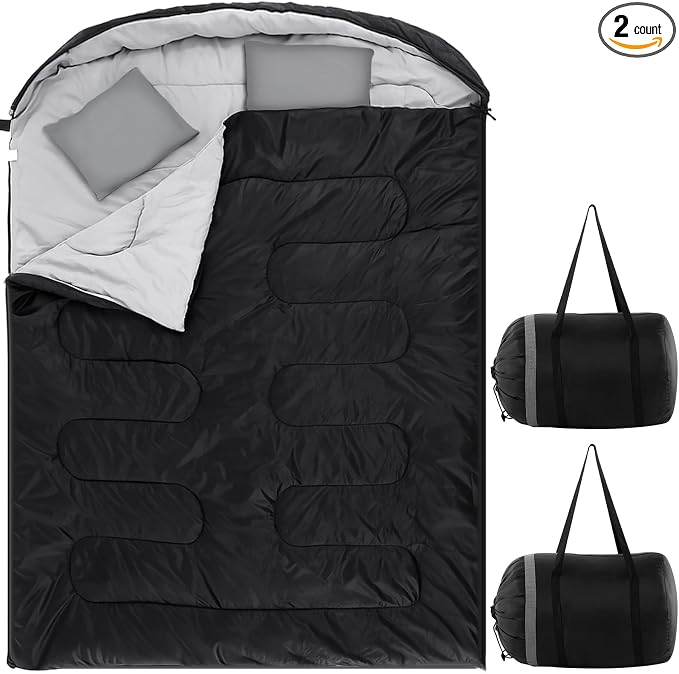 Tranqun 2 Pack Double Sleeping Bag for Adults, Queen Size Two Person Camping Sleeping Bag with Pillow Waterproof 3 Season Cotton Fabric for Hiking Backpacking Warm & Cold Weather