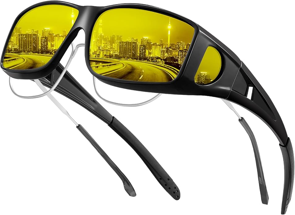KALIYADI Night-Vision-Glasses Fit-Over-Glasses Wrap-Around Glasses: Anti Glare Night Driving Glasses for men women HD Lens