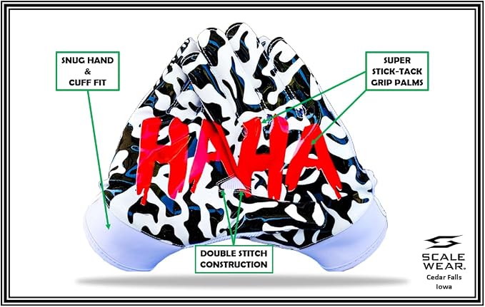 Jester Football Receiver Gloves White – HA HA X Eyes Tacky Pro Grip Palms Battle College Lineman Men Adult Youth Kids Small to XXL Sizes Unleash Your Joker Venom