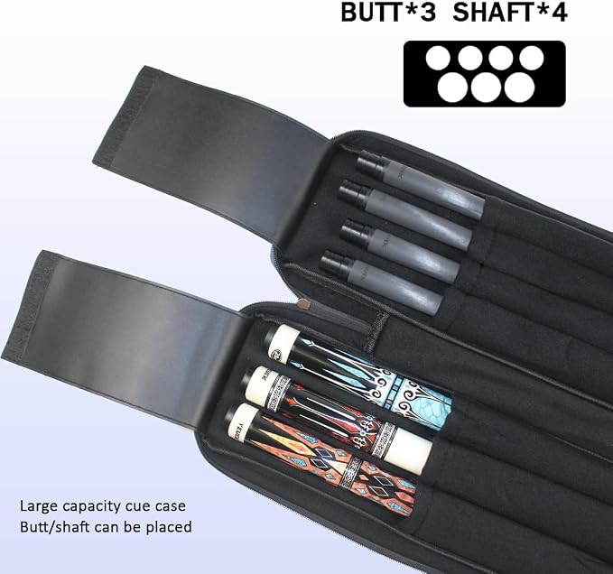 Pool Cue Case 3x4,Pool Stick Case 3 Sticks with Accessory Zipper Pockets,Cue Stick Case with Shoulder Strap Handle,Billiard Pool Cue Carrying Case with Large Front Accessory Pocket