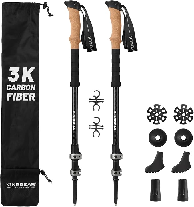 KINGGEAR TPC-3K 100% Carbon Fiber Trekking Poles for Hiking - Ultralight Collapsible Hiking Poles with Cork & EVA Foam Grips, Adjustable Metal Flip Locks, Tungsten Tips - Ideal Hiking