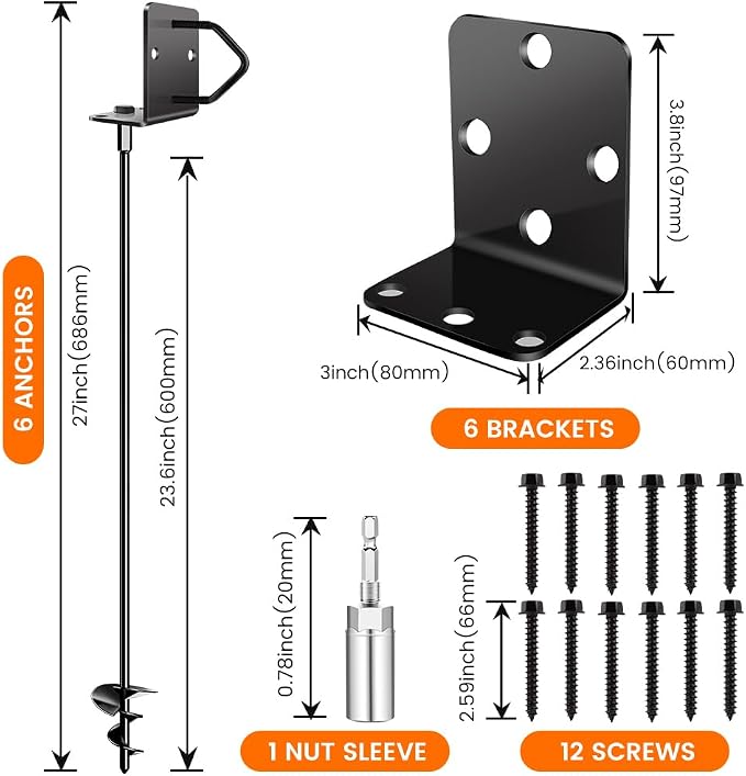 Ground Anchors Shed Anchors 27" Set of 6 Trampoline Stakes Screw in Heavy Duty Mobile Home - Storage Shed Anchor Kit - Playset Swing Anchors - Stakes for Fence,Carport,Garden (Black, 6 x 27in)