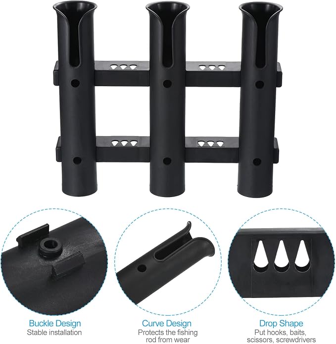 PATIKIL Fishing Rod Holder Brackets, Plastic 3 Link Tube Rod Rack, 2 Pack Wall/Side Mounted Fishing Pole Holder with Screws for Truck, Kayak, Black