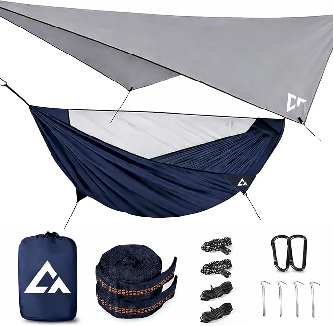 Camping Hammock with Mosquito Net and RainFly Tarp - 2 Person Hammock, Portable Parachute Nylon Hammock for Outdoor, Hiking, Backpacking, Backyard, Travel (Up to 500lbs) - Midnight Blue