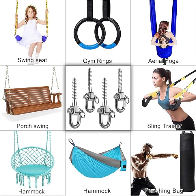 SELEWARE 4 Pack Swing Hangers Swing Set Hooks Stainless Steel Hammock Hooks for Porch Swing, Hammock Chair, Heavy Bag, Yoga Silk, Suspension Straps, Gymnastics Rings