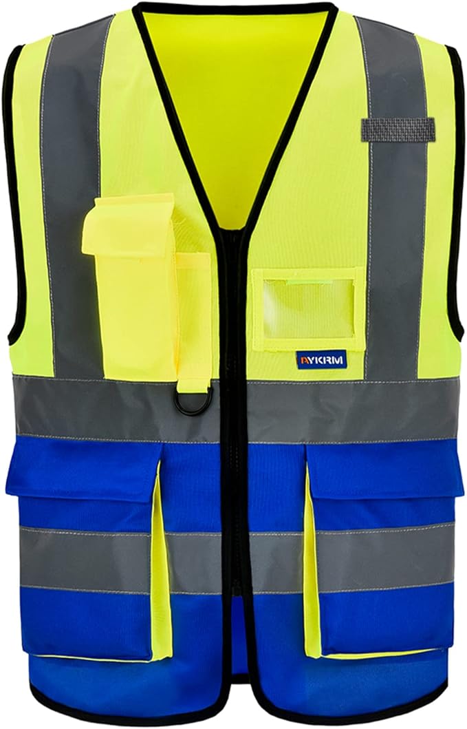 A-SAFETY Reflective Safety Vest, Hi Vis 9 Pockets High Visibility Zipper Front Safety Vest, Yellow&Blue Color Mixed, L