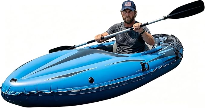 9ft Inflatable Fishing Kayak, 1-Person Foldable Boat, 220lb Capacity with Aluminum Oars, High Output Pump, Adjustable Seat, Removable Fins, Cargo Net for Adults, Lakes, Rivers and Fishing