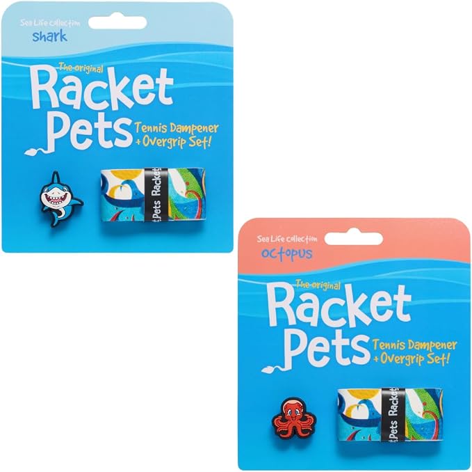 Racket Pets Kids Tennis Racket Dampener & Matching Overgrip Tape, Shark & Octopus