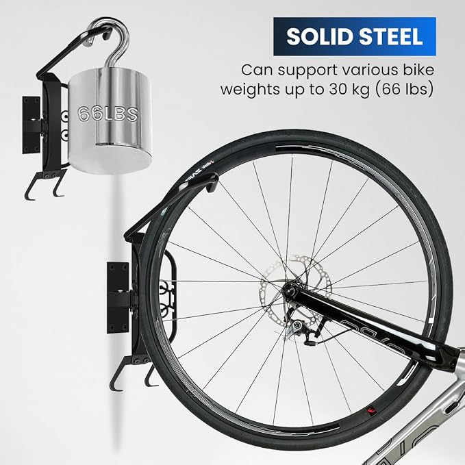 Swivel Bike Wall Mount, 2 PACK Heavy Duty Bike Rack for Garage Storage, Space-Saving Vertical Bicycle Hanger Holds 66 lbs, Adjustable Rotation, Anti-Rust, for Cyclists Homeowners Families