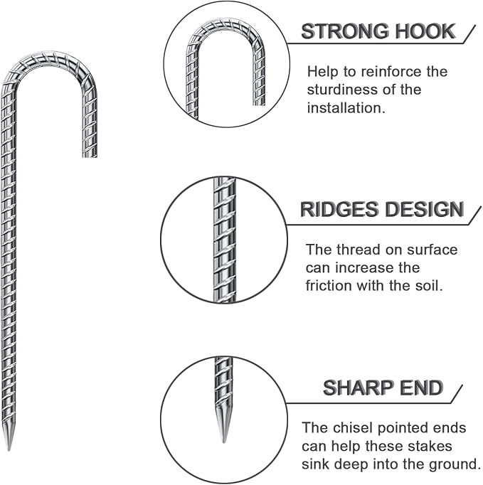 Rebar Stakes 12 Inch 10 Pack Tent Stakes Heavy Duty Metal J Hook, Fence Stakes for Trampoline, Fence, Camping Tent (10, 12")