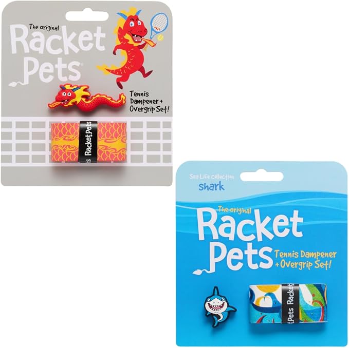 Racket Pets Kids Tennis Racket Dampener & Matching Overgrip Tape, Dragon & Shark